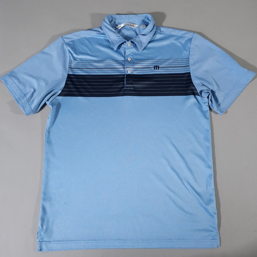 TravisMathew Polo Shirt Mens Large Blue Striped Performance Golf Short Sleeve